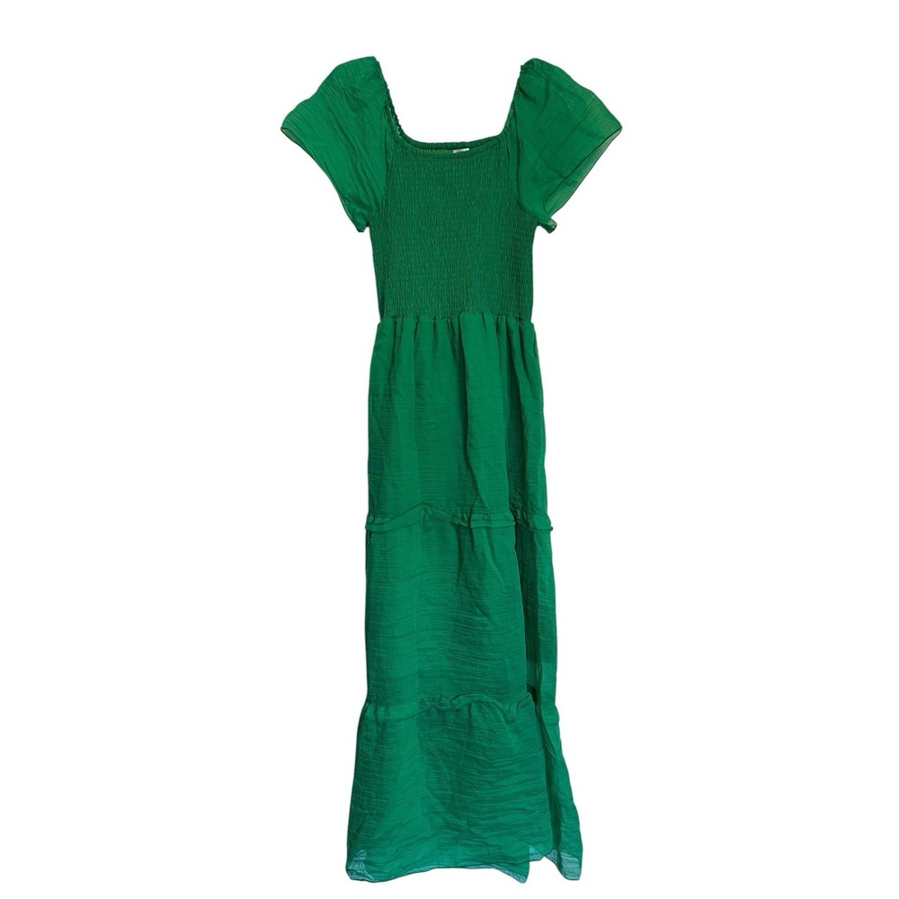 Anthropologie Kindred Sz‎ S Maxi Dress Smocked Tiered Green Boho Peasant Flutter
